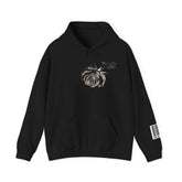 Black hoodie with a realistic rose graphic on the chest and barcode detail on the sleeve