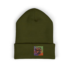 Olive green beanie with colorful embroidered 95YJ logo, cozy knit winter hat for streetwear style