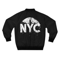 Black bomber jacket with bold NYC graphic and city skyline design