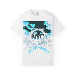White NYC graphic tee with blue city skyline print and 95EAST SUPPLY text, urban streetwear style