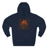 Navy hoodie with orange urban skyline and hand graphic on front