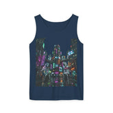 Navy blue tank top with a vibrant neon-lit cityscape graphic at night.