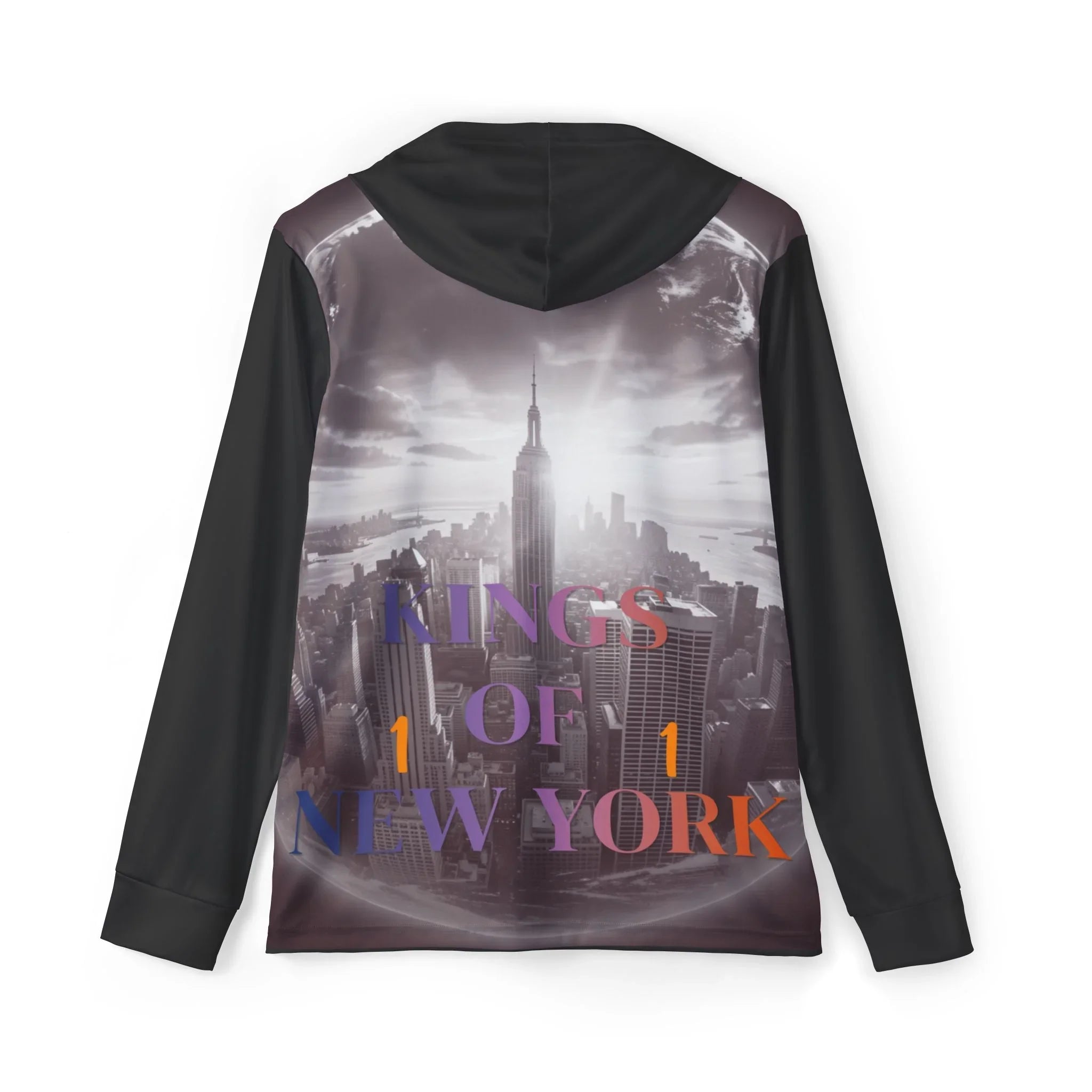 Black hoodie with 'Kings of New York' graphic and city skyline design