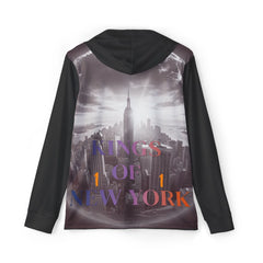 Black hoodie with 'Kings of New York' graphic and city skyline design