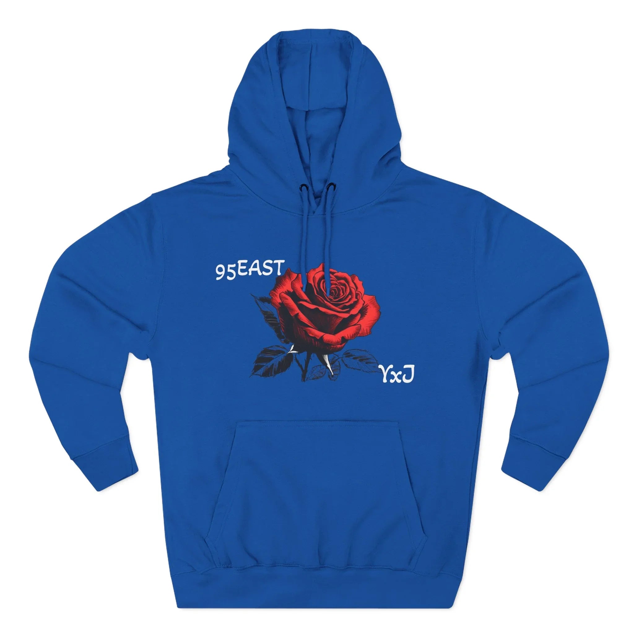 Royal blue hoodie with red rose graphic and 95EAST YxJ text, featuring front pouch pocket and drawstring hood