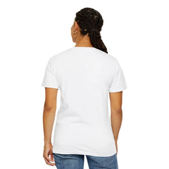 Woman wearing white t-shirt and blue jeans, back view