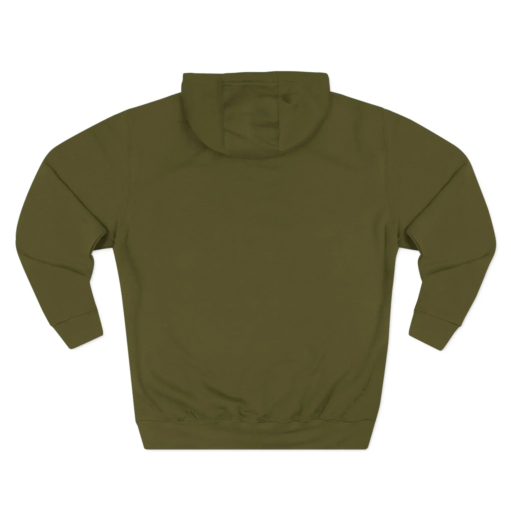 Back view of plain olive green hooded sweatshirt on white background