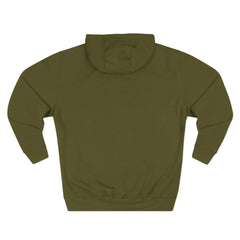 Back view of plain olive green hooded sweatshirt on white background