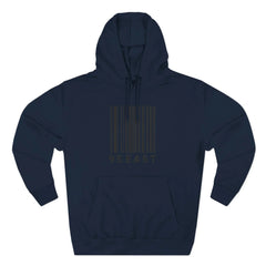 Navy hoodie with barcode design and 95 EAST text, modern East Coast style