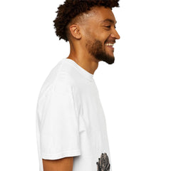 Man wearing white t-shirt with rose graphic, smiling in side profile