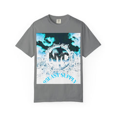Gray graphic tee with NYC cityscape print, cracked 'NYC' logo, and '95EAST SUPPLY' text in blue