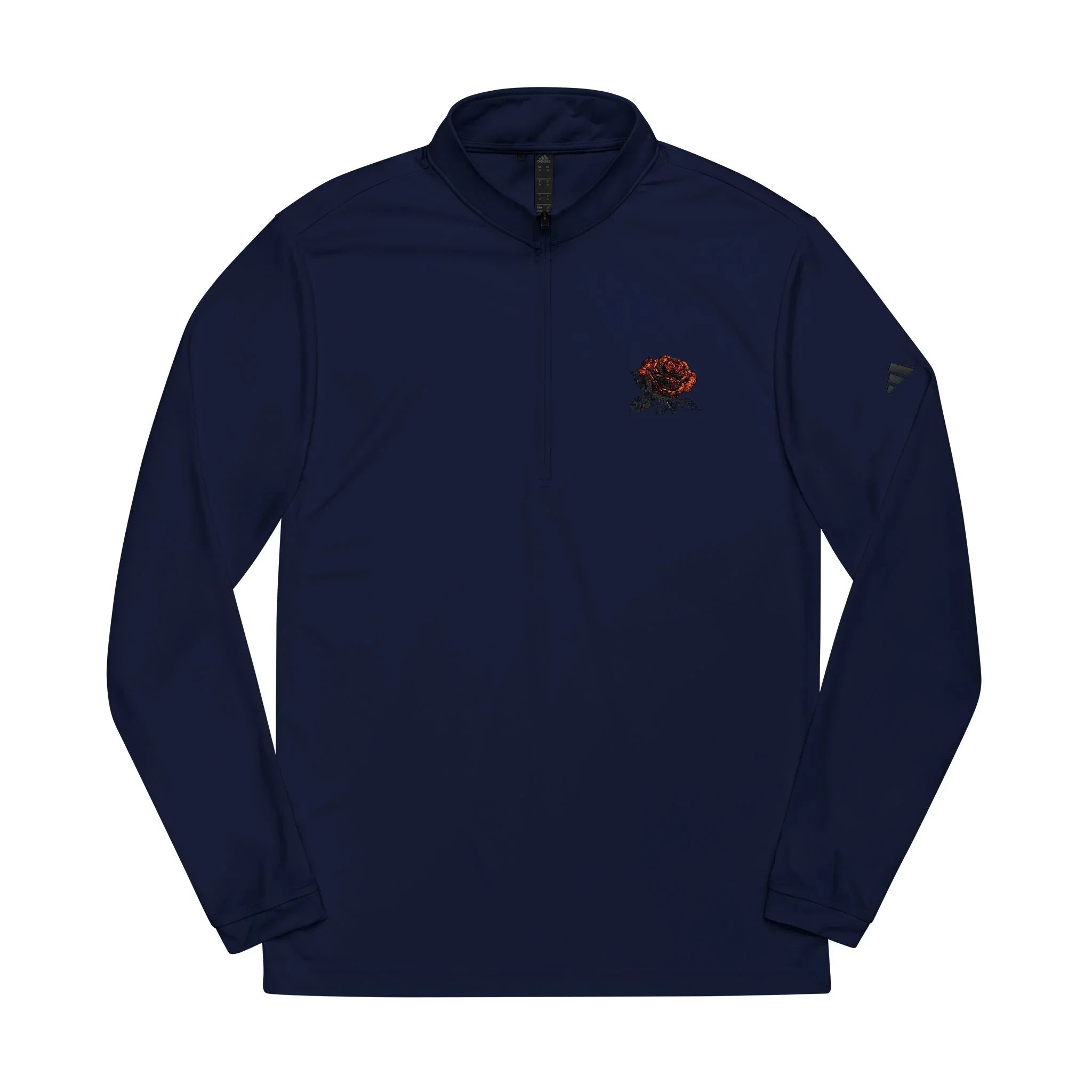 Navy blue quarter zip pullover with red rose embroidery on chest, long sleeves