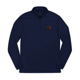 Navy blue quarter zip pullover with red rose embroidery on chest, long sleeves