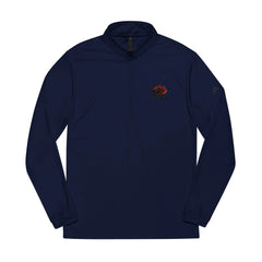 Navy blue quarter zip pullover with red rose embroidery on chest, long sleeves