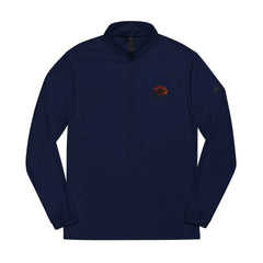 Navy blue quarter zip pullover with red rose embroidery on chest, long sleeves