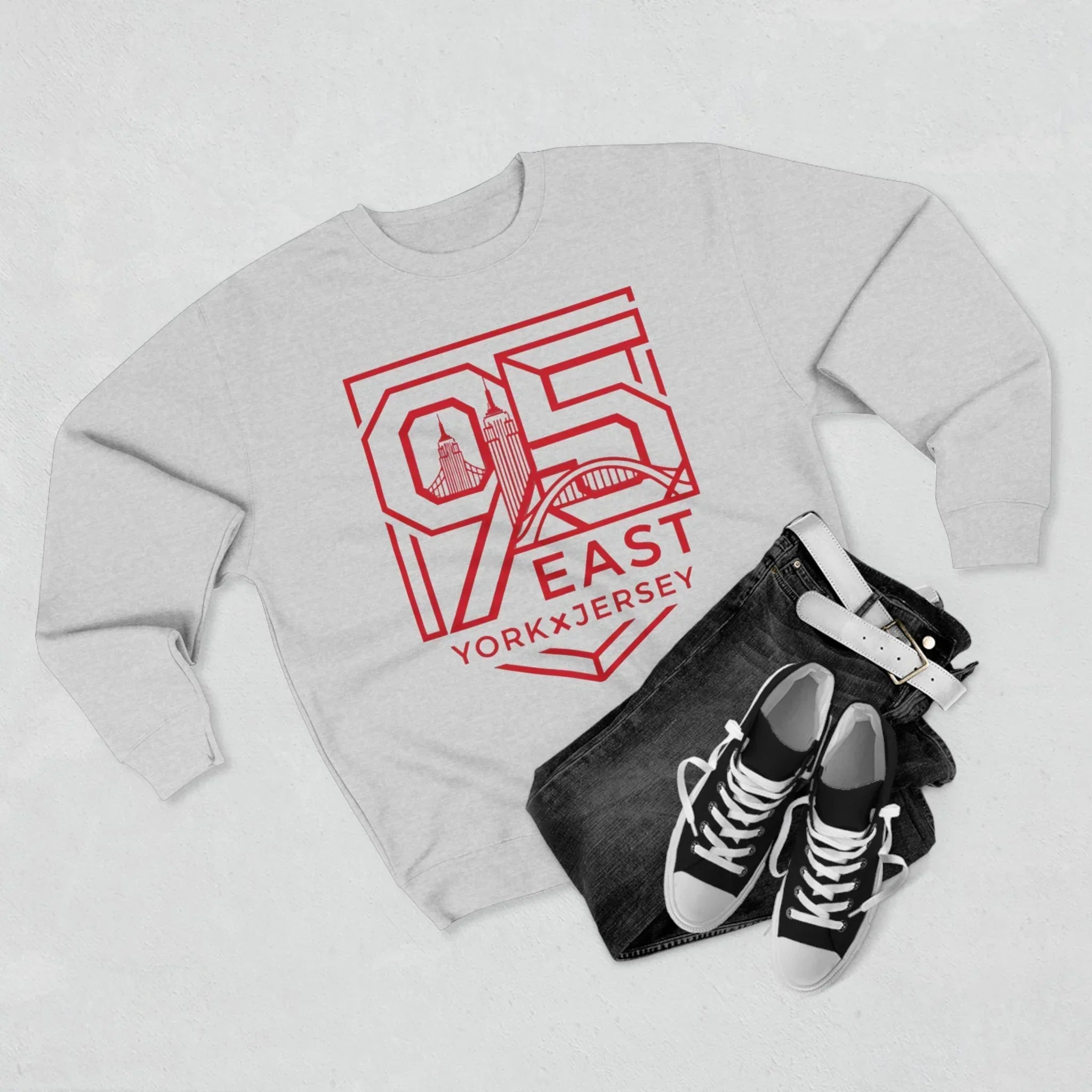 Gray sweatshirt with red 95 East YorkxJersey graphic, paired with jeans and sneakers