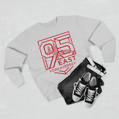 Gray sweatshirt with red 95 East YorkxJersey graphic, paired with jeans and sneakers