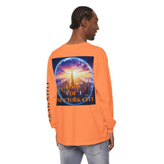 Orange long sleeve tee with 'Kings of New York City' graphic, city skyline inside globe, and side text detail.