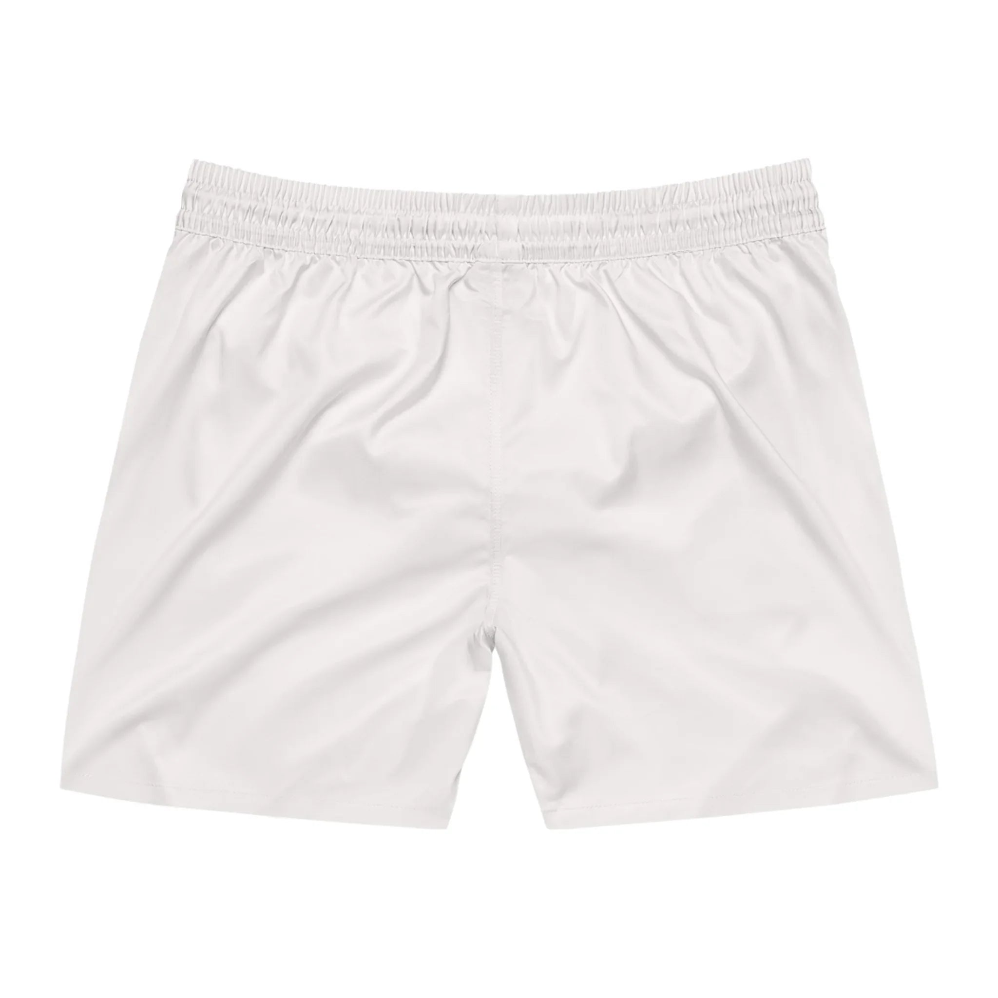White athletic shorts with elastic waistband, back view