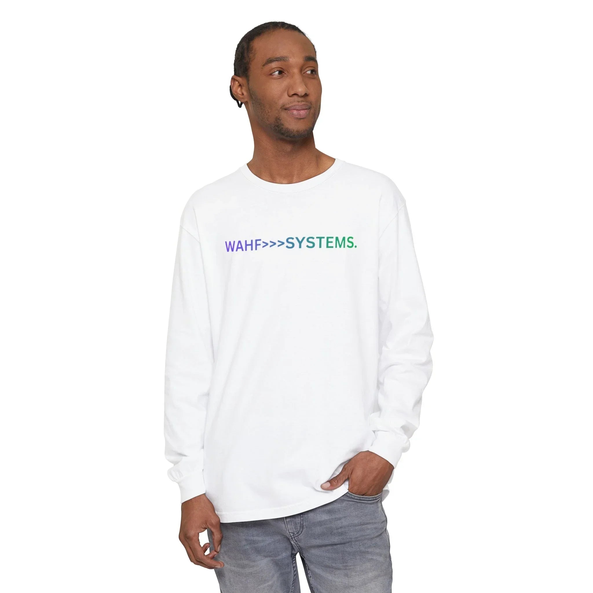 Man wearing white long sleeve shirt with 'WAHF>>>SYSTEMS.' text, casual streetwear style