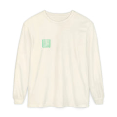 Cream long sleeve tee with mint barcode logo, modern East Coast style