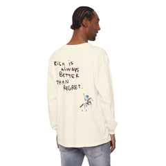 Cream long sleeve tee with 'Risk is Always Better Than Regret' quote and astronaut on horse graphic