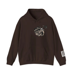 Brown hoodie with black and white rose graphic on chest and barcode design on sleeve
