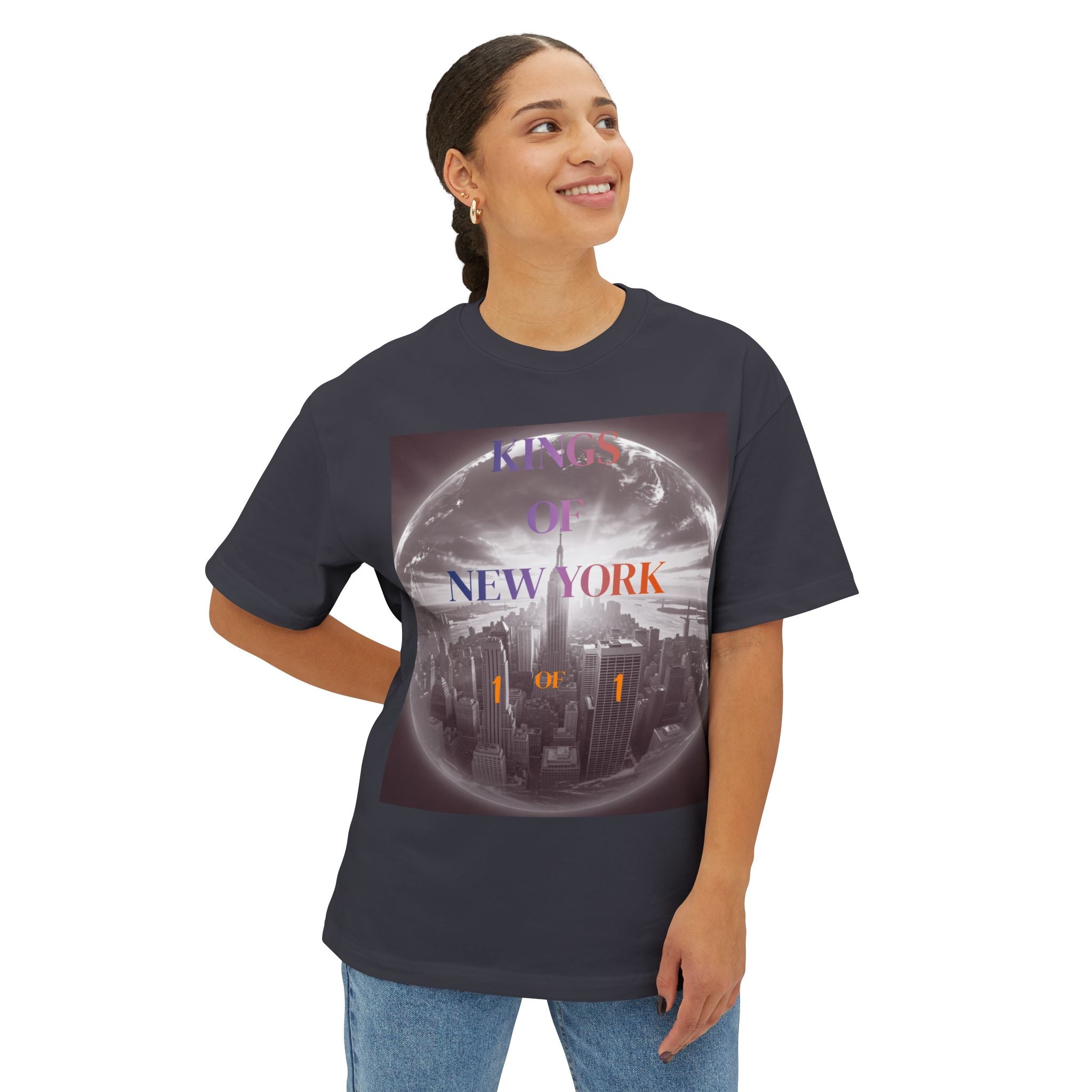 Black t-shirt with 'Kings of New York' graphic, globe & city skyline design, worn by woman