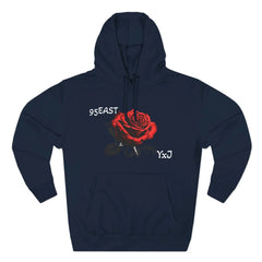 Black hoodie with red rose graphic and YxJ text, featuring 95EAST branding for East Coast streetwear style
