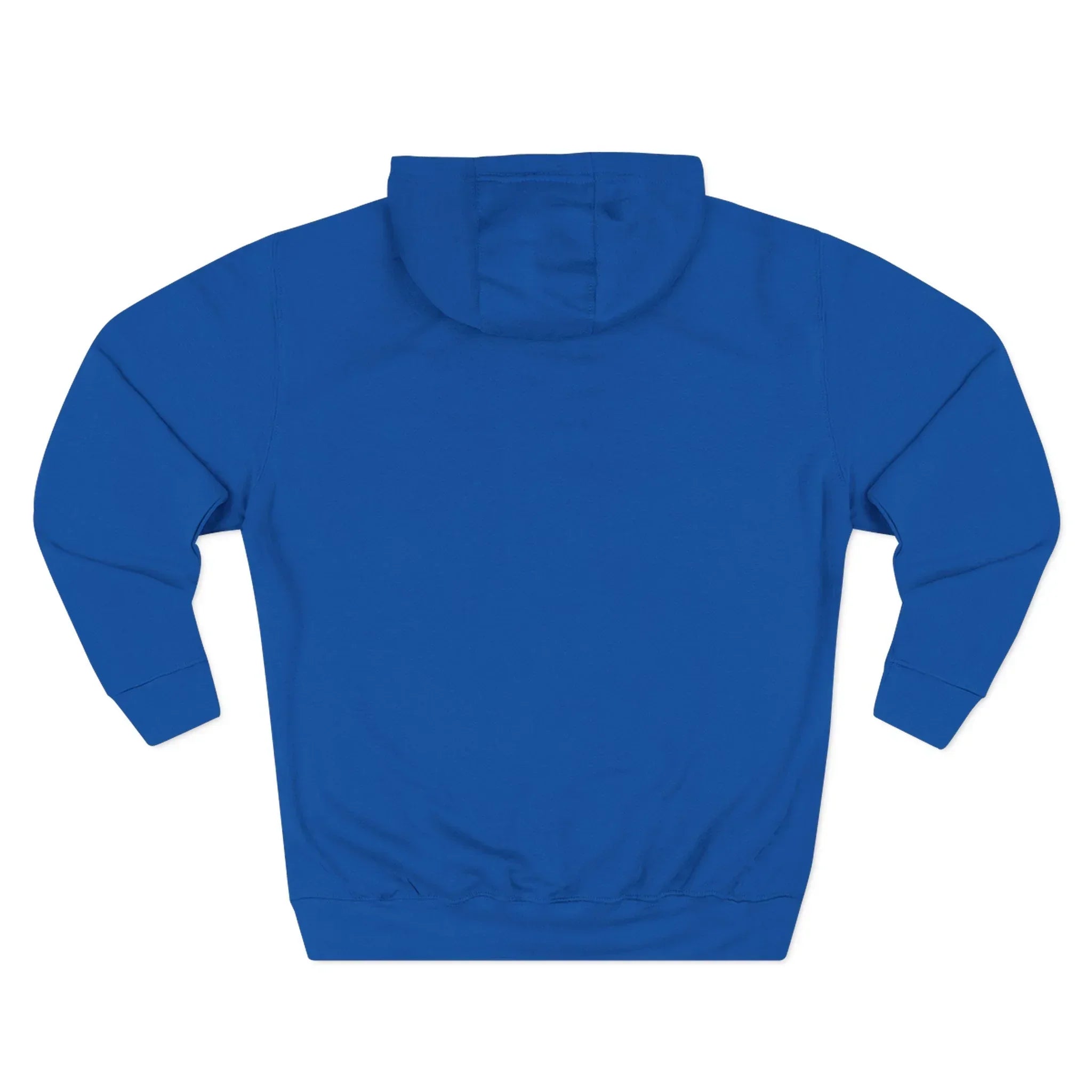 Back view of a plain blue hooded sweatshirt on a white background