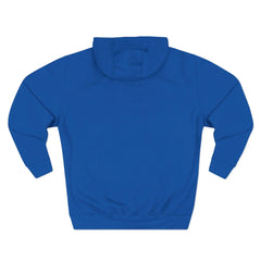 Back view of a plain blue hooded sweatshirt on a white background