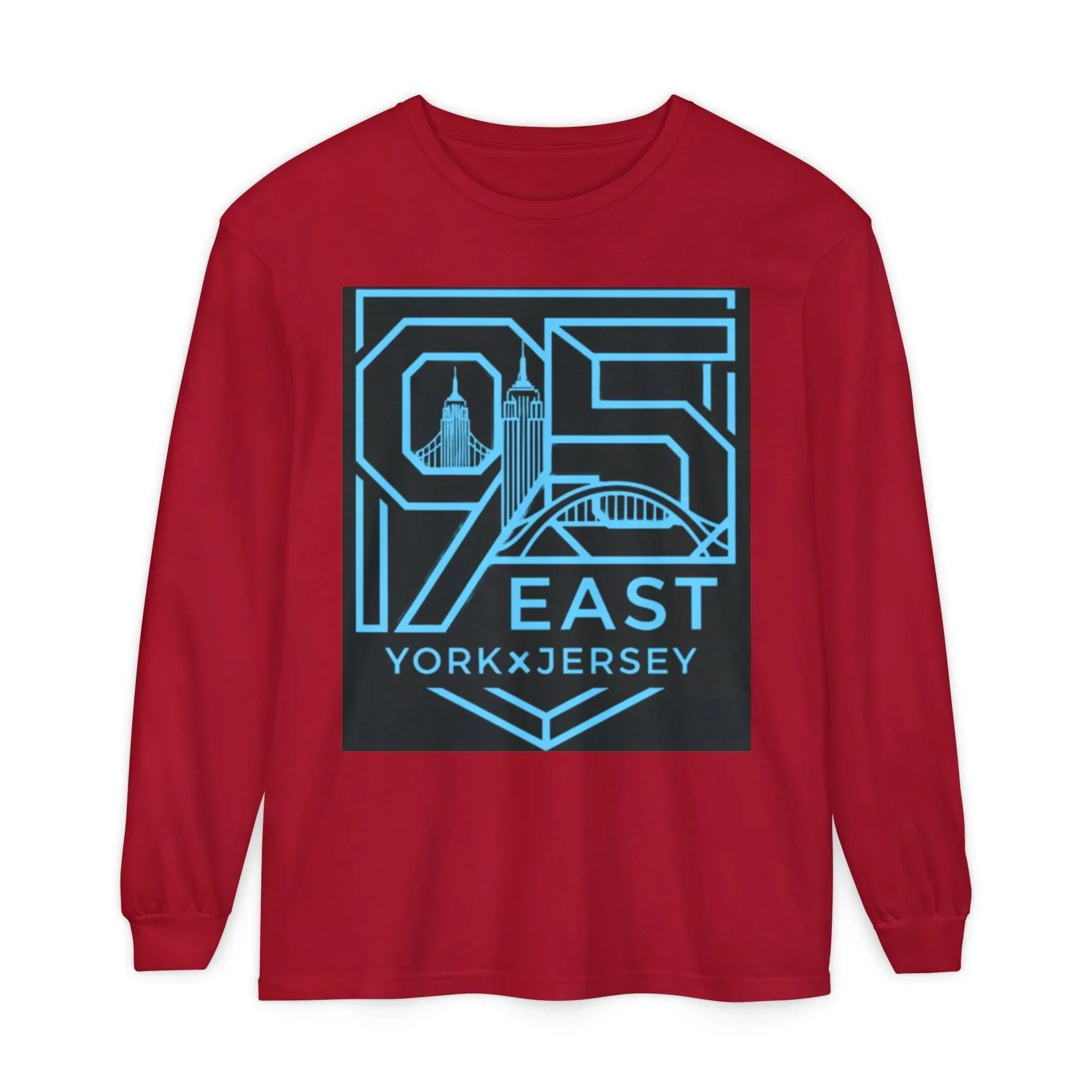 Red long sleeve shirt with 95 East YorkxJersey graphic, city skyline design, modern East Coast style