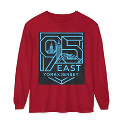 Red long sleeve shirt with 95 East YorkxJersey graphic, city skyline design, modern East Coast style