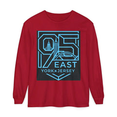 Red long sleeve shirt with 95 East YorkxJersey graphic, city skyline design, modern East Coast style