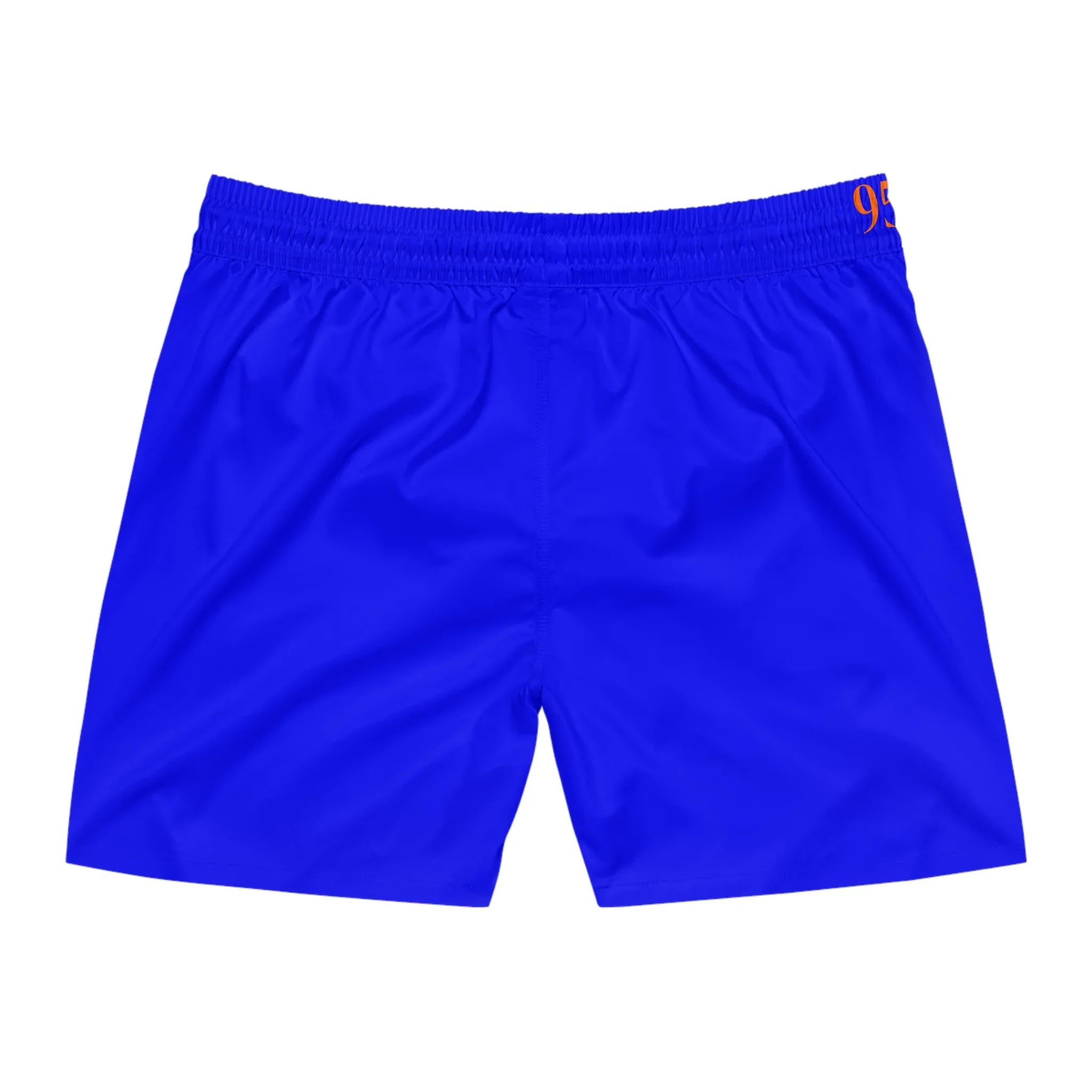 Vibrant blue athletic shorts with orange '95' logo on waistband, modern sportswear design