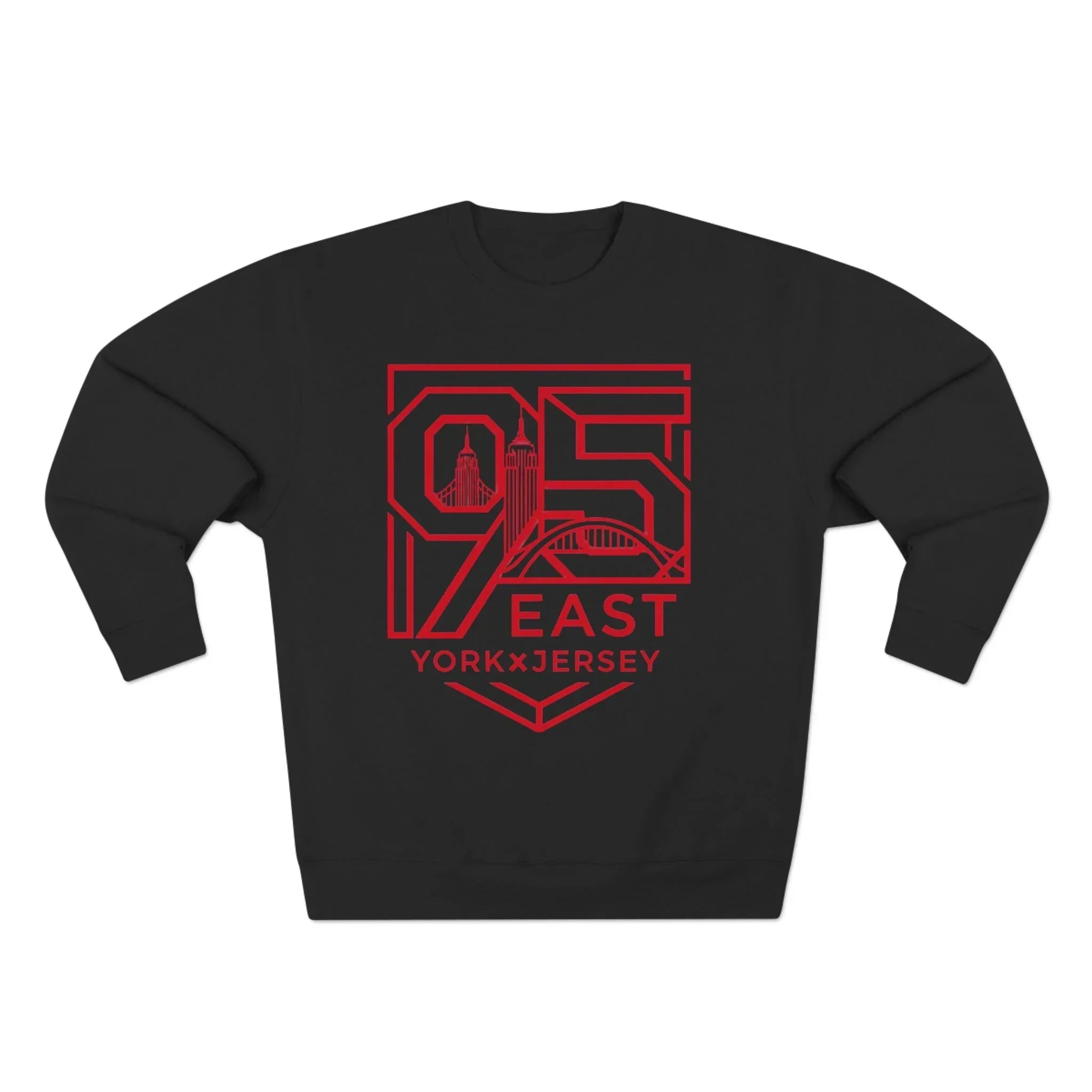 Black hoodie with bold red 95 East YorkxJersey graphic, featuring city skyline design for urban streetwear style.