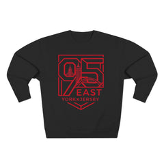 Black hoodie with bold red 95 East YorkxJersey graphic, featuring city skyline design for urban streetwear style.