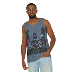 Man wearing sleeveless tank top with vibrant cityscape graphic and light wash jeans