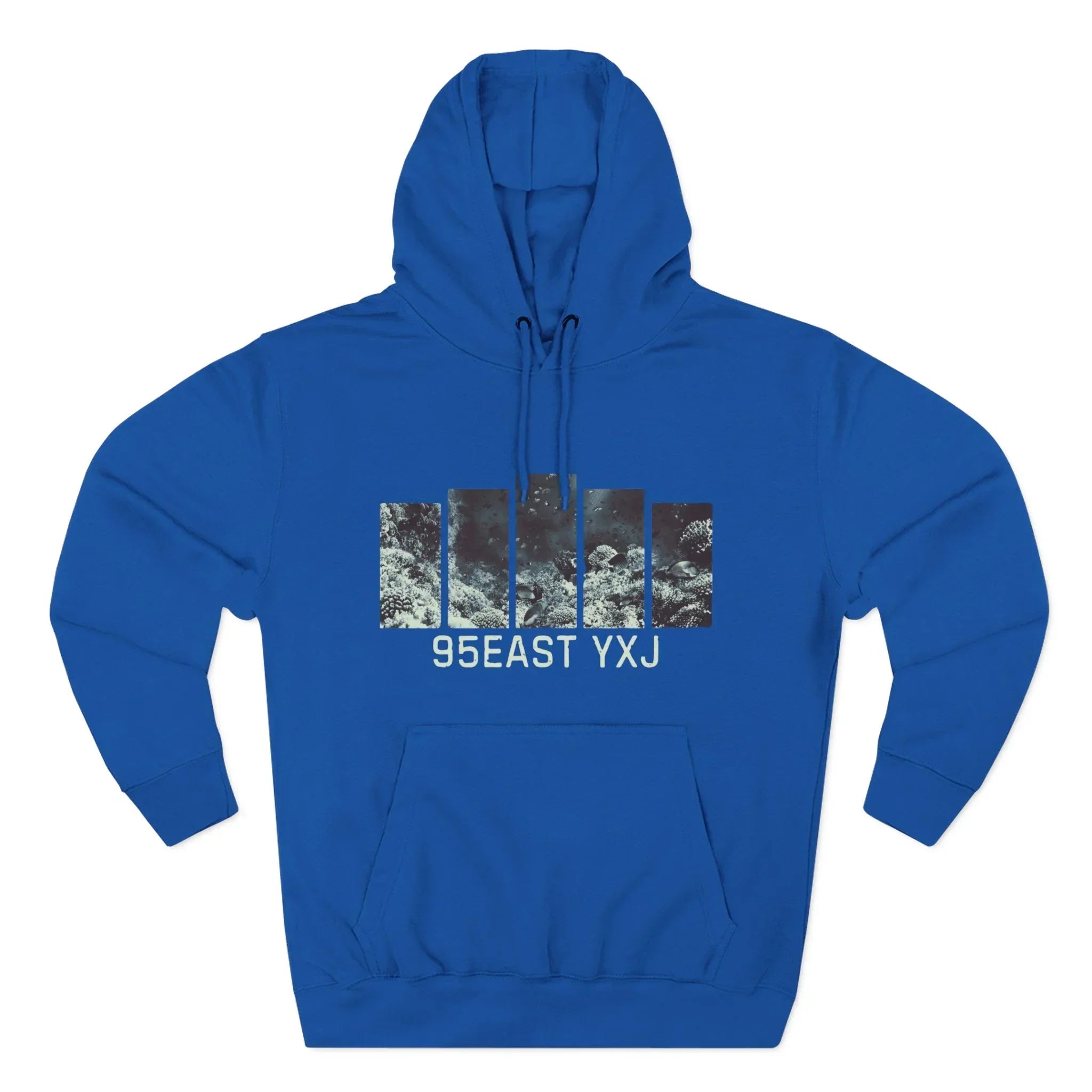 Blue hoodie with abstract ocean-inspired graphic and '95EAST YXJ' text on front