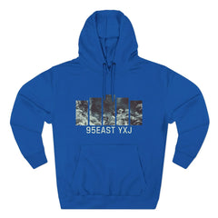 Blue hoodie with abstract ocean-inspired graphic and '95EAST YXJ' text on front