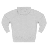 Back view of a plain light gray hooded sweatshirt with long sleeves on white background.