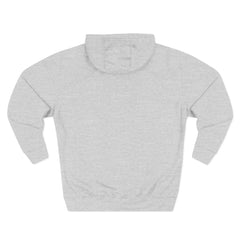 Back view of a plain light gray hooded sweatshirt with long sleeves on white background.