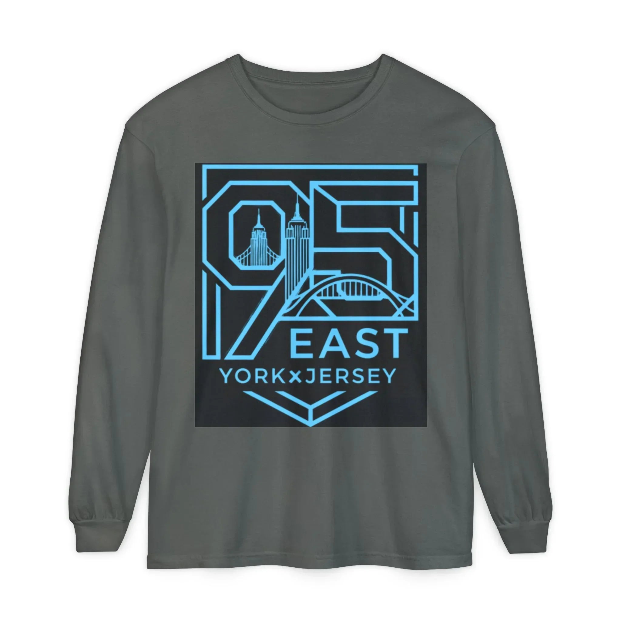 Dark gray long sleeve tee with blue '95 East YorkxJersey' graphic featuring city skyline design.