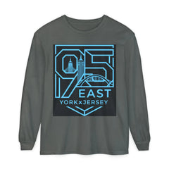 Dark gray long sleeve tee with blue '95 East YorkxJersey' graphic featuring city skyline design.