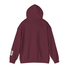 Back view of a maroon hoodie with barcode graphic on the left sleeve