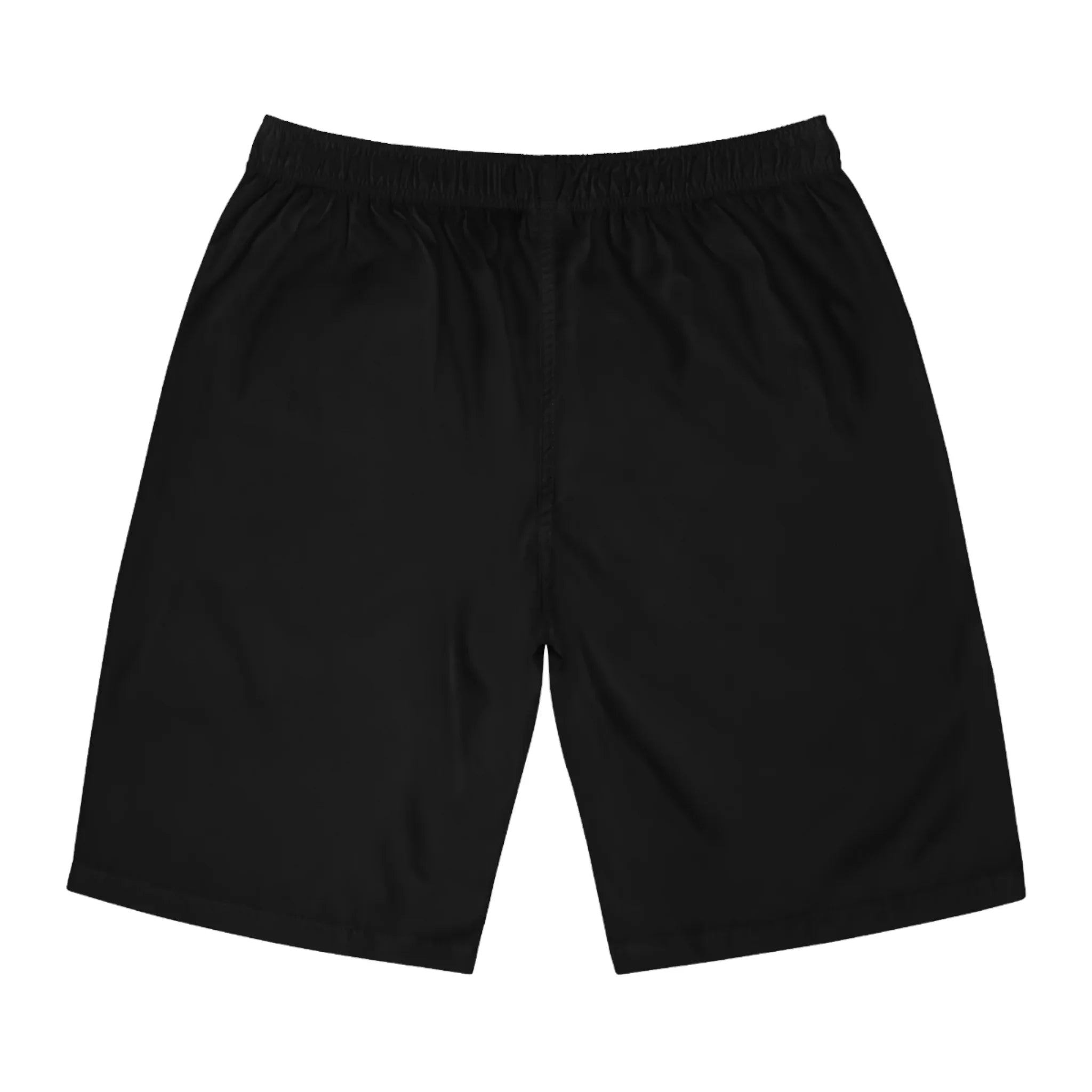 Black athletic shorts with elastic waistband, back view