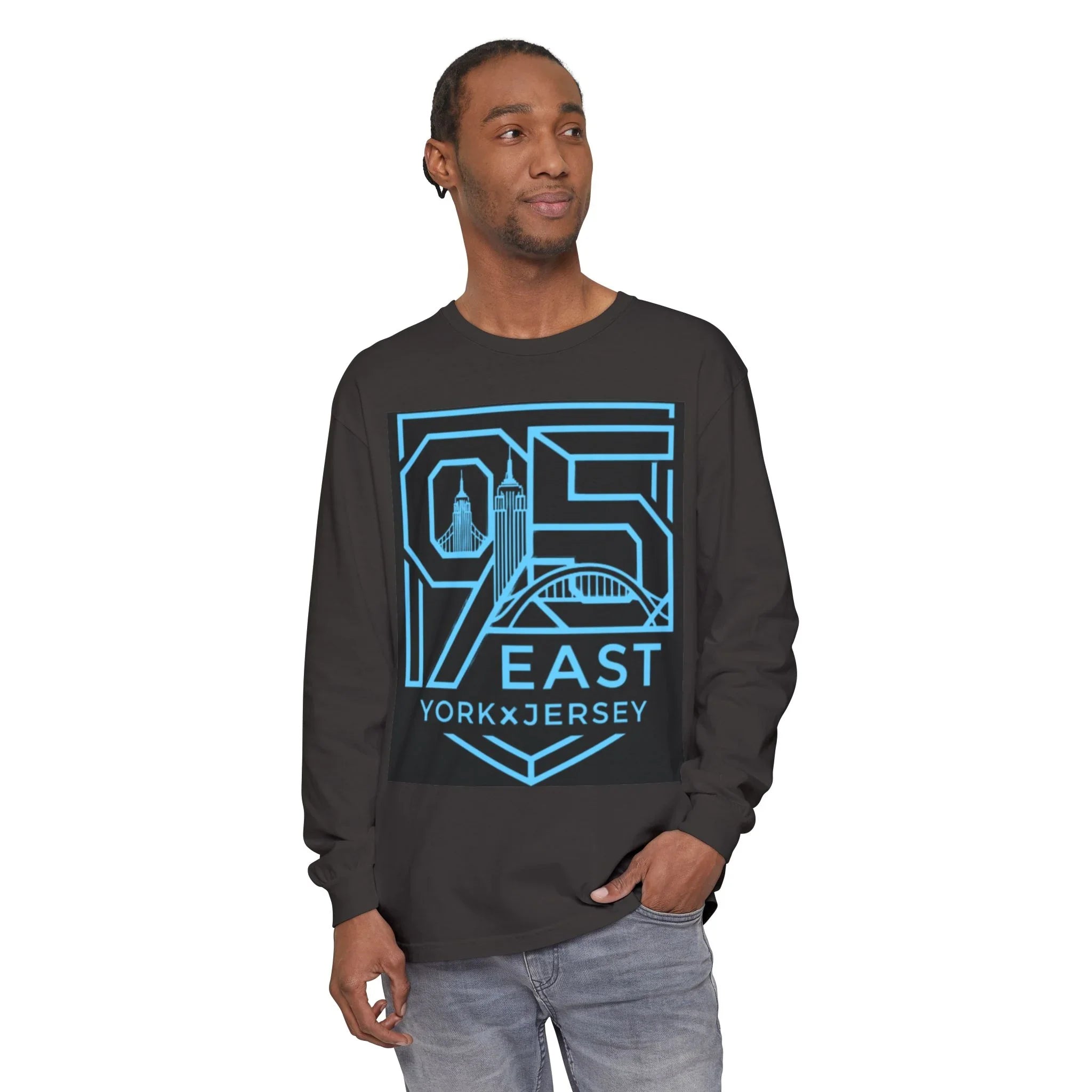Black long sleeve hoodie with 95 East YorkxJersey graphic, city skyline design, and barcode sleeve detail