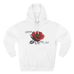 White hoodie with red rose graphic and 95EAST YxJ text, featuring front pocket and drawstring hood