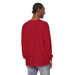 Man wearing red long sleeve tee, back view, casual streetwear style