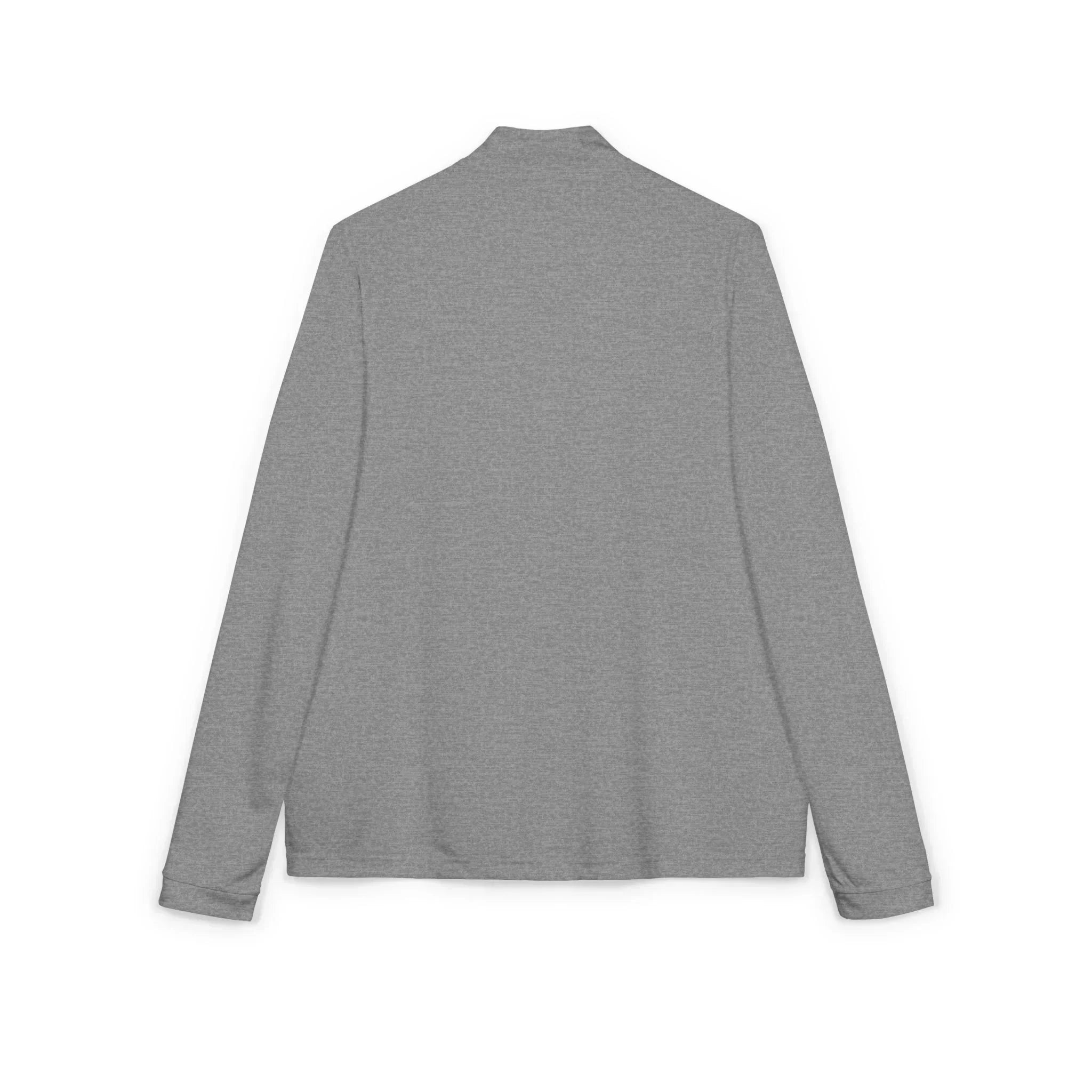 Back view of a plain grey long sleeve shirt with crew neckline on white background